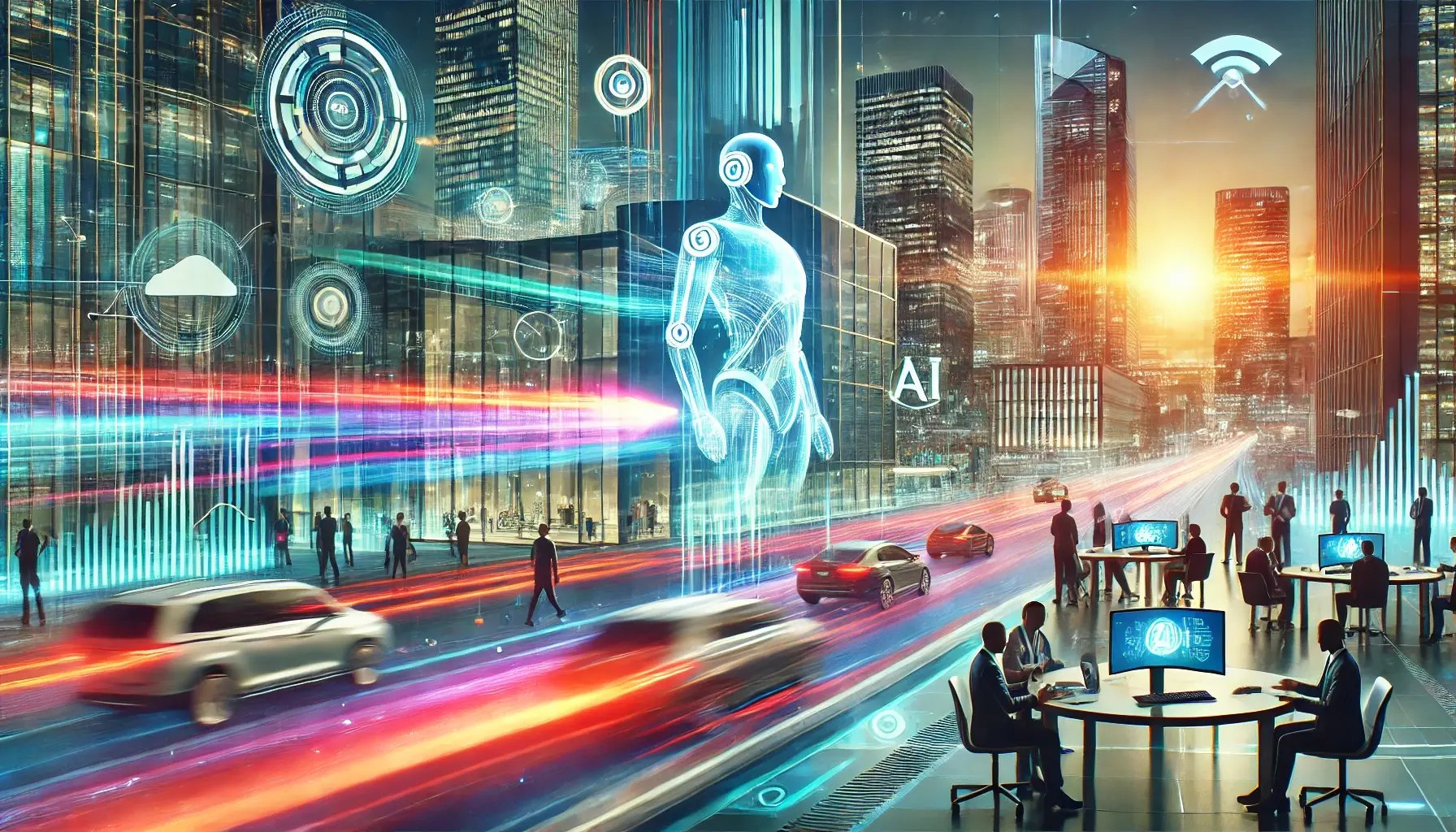 DALL·E 2024-11-16 04.35.04 - A futuristic and dynamic illustration showcasing the innovative concept of FastAutomates AI-driven Digimates transforming businesses in a sleek, corp