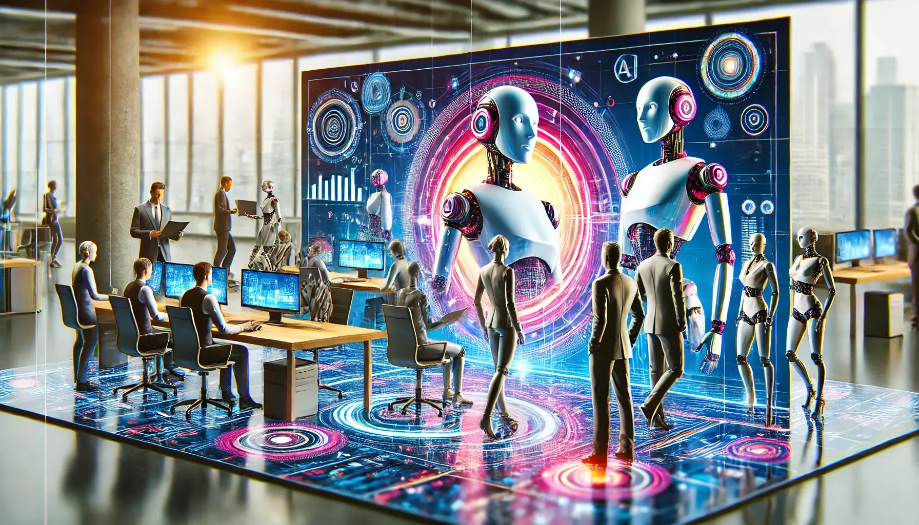 showcasing a vibrant, futuristic environment where AI-powered virtual assistants collaborate seamlessly with professionals.